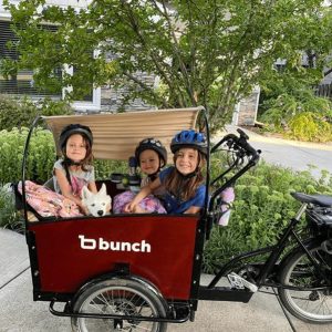 3 kids and dog in passenger e-bike